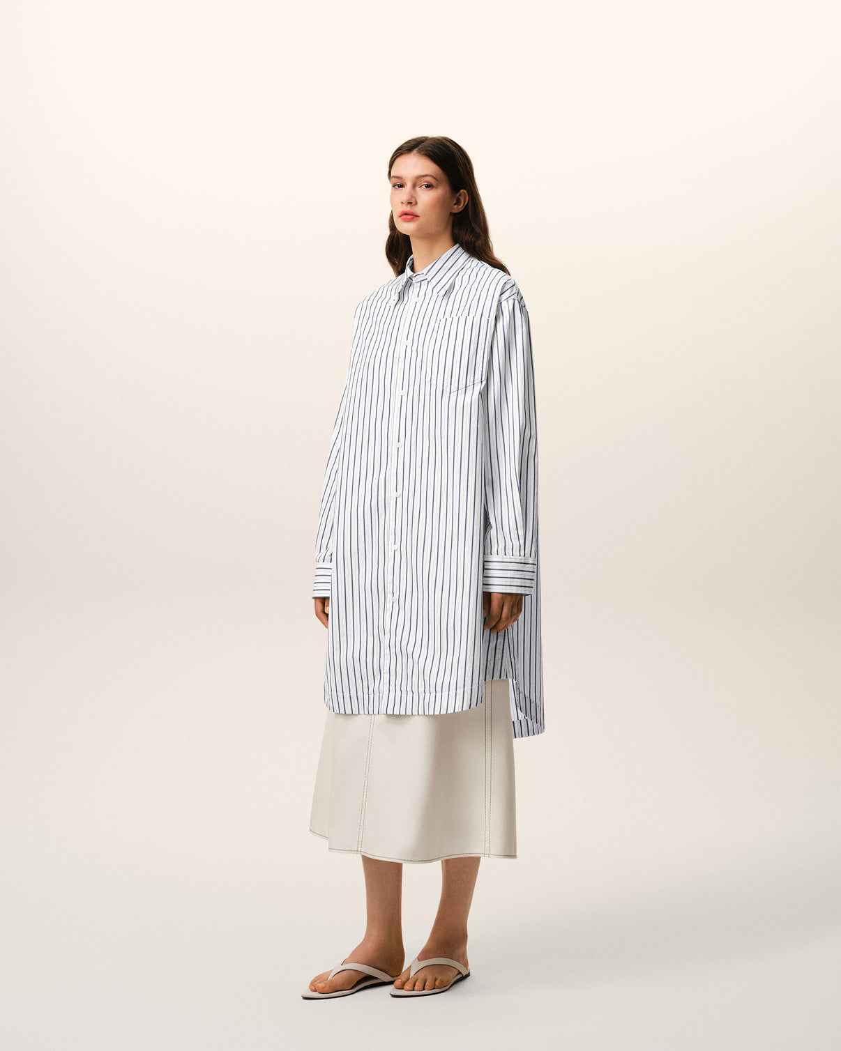White Striped Cotton Wide Shirt Dress