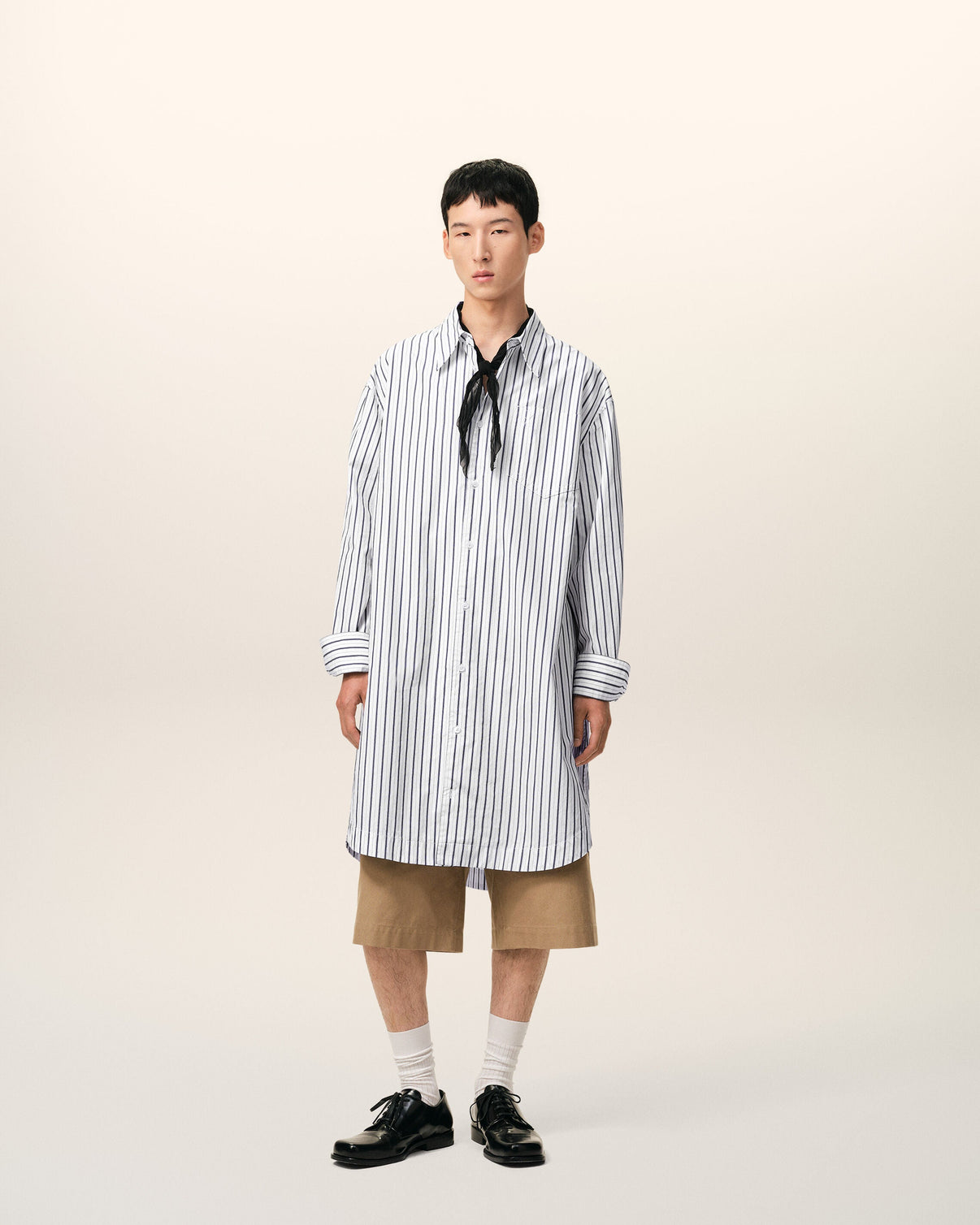 White Striped Cotton Wide Shirt Dress