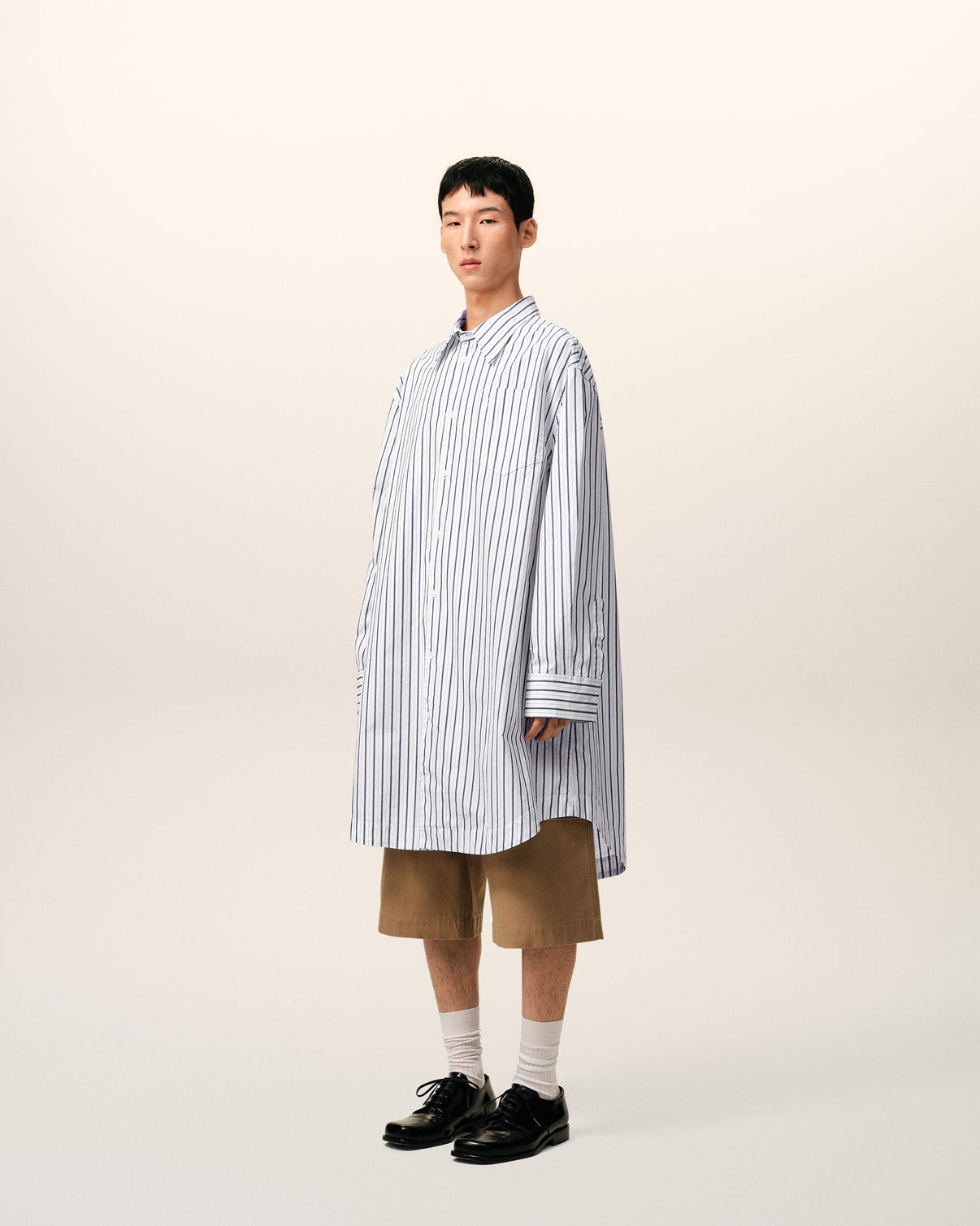 White Striped Cotton Wide Shirt Dress