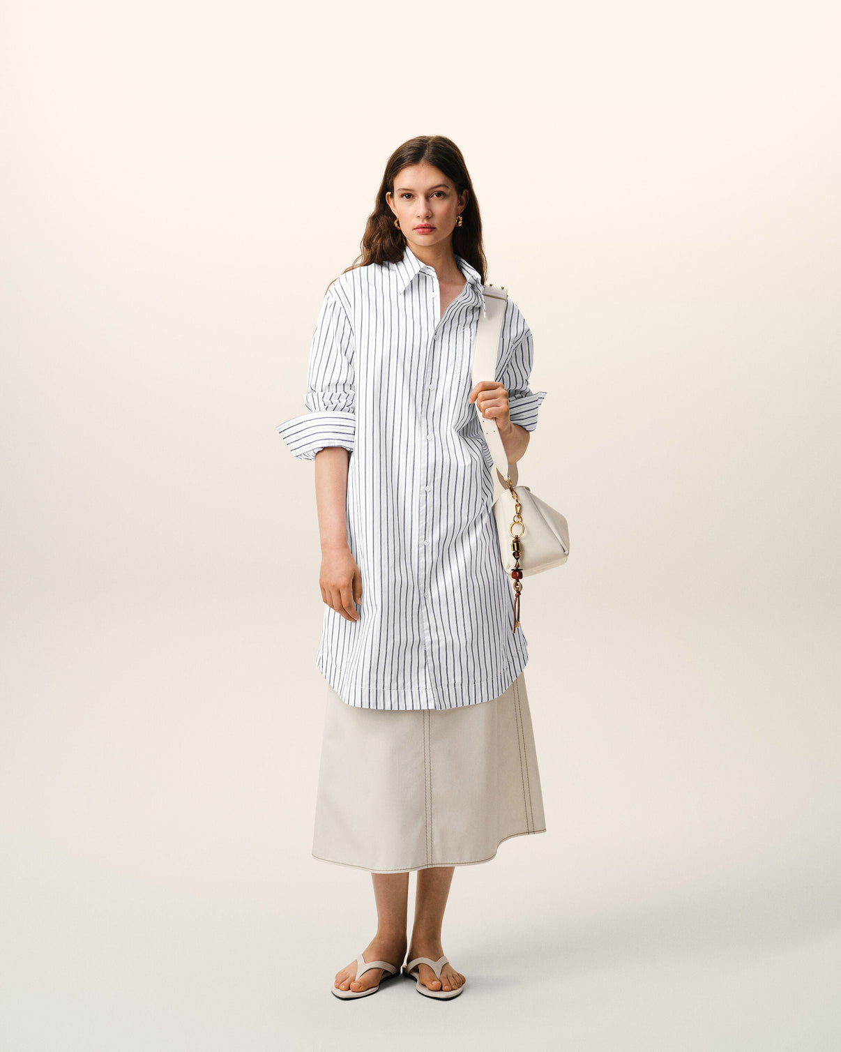 White Striped Cotton Wide Shirt Dress