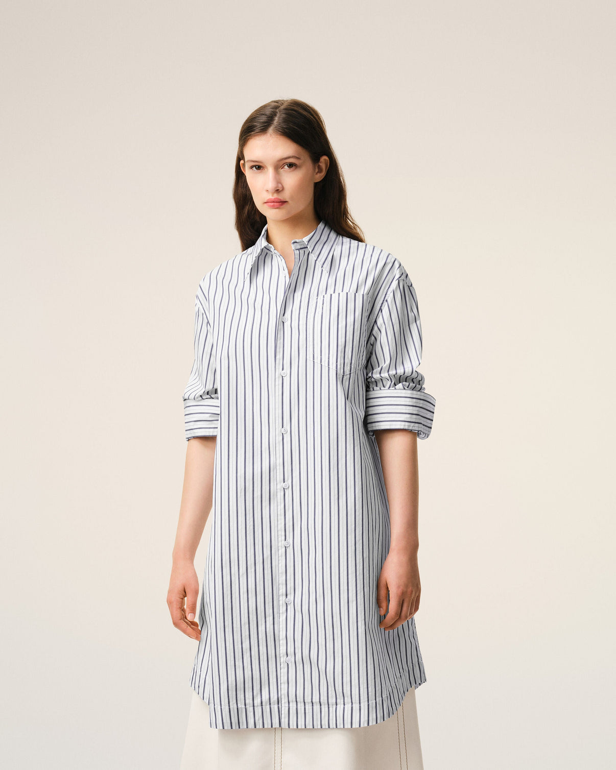 White Striped Cotton Wide Shirt Dress