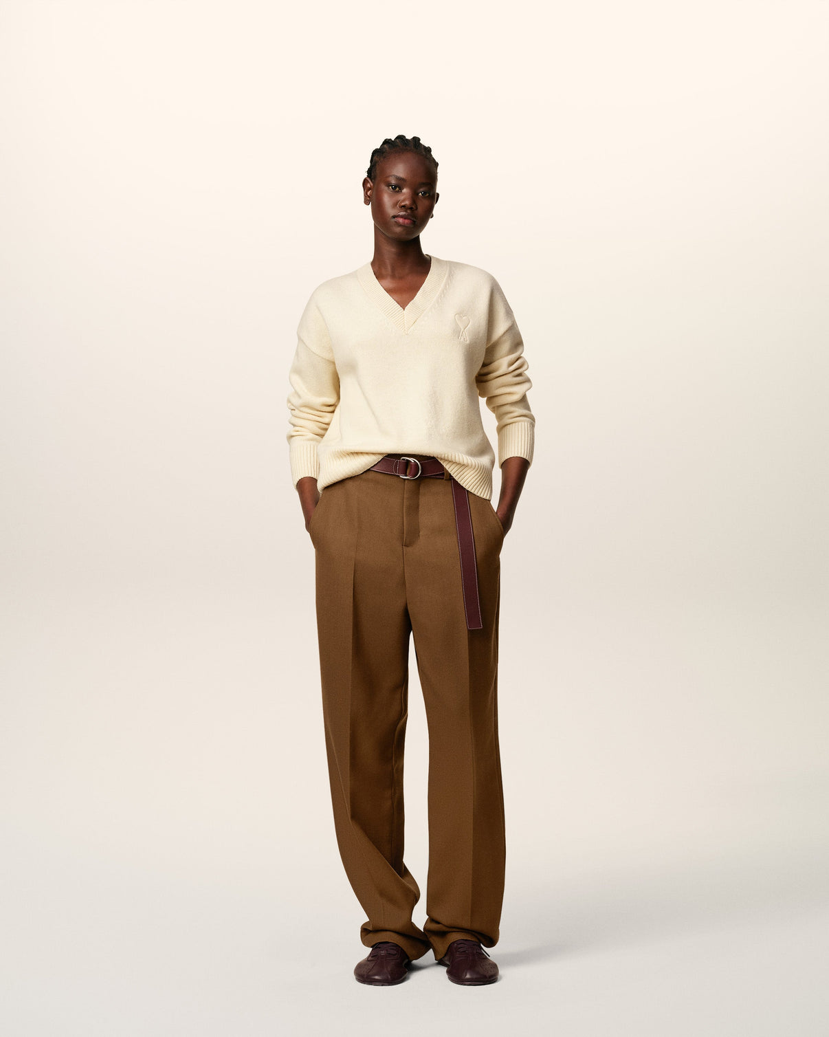 White Wool V Neck Sweater