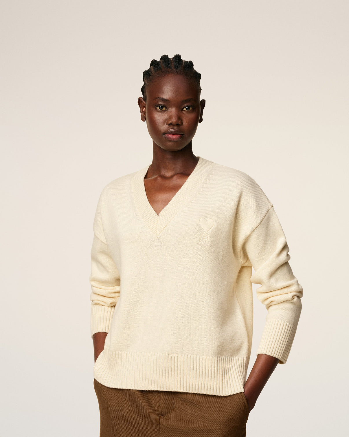White Wool V Neck Sweater