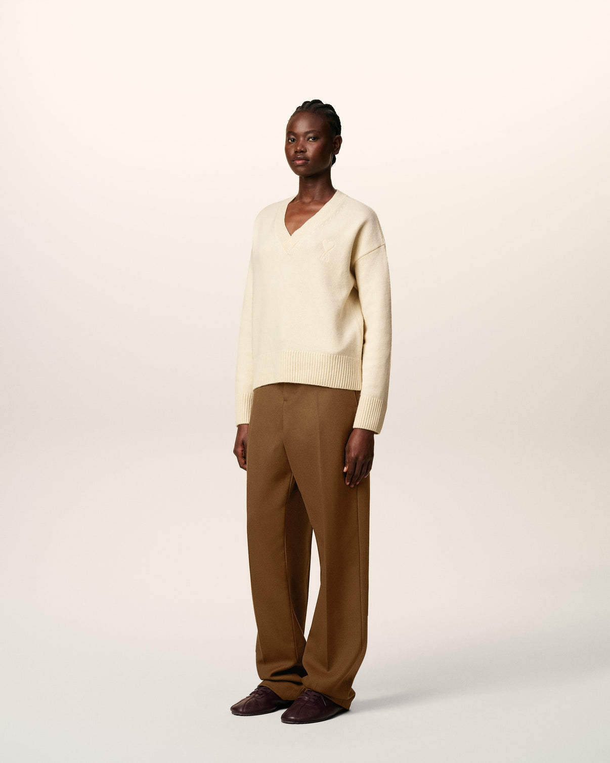 White Wool V Neck Sweater