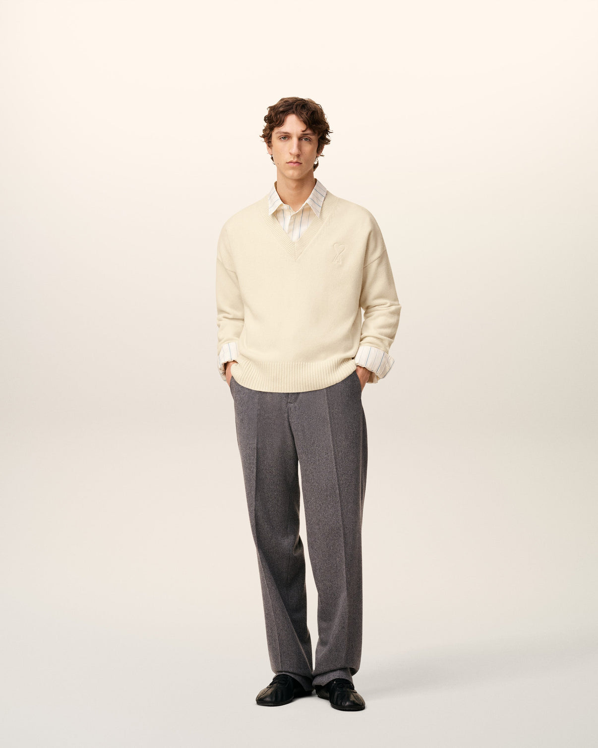 White Wool V Neck Sweater