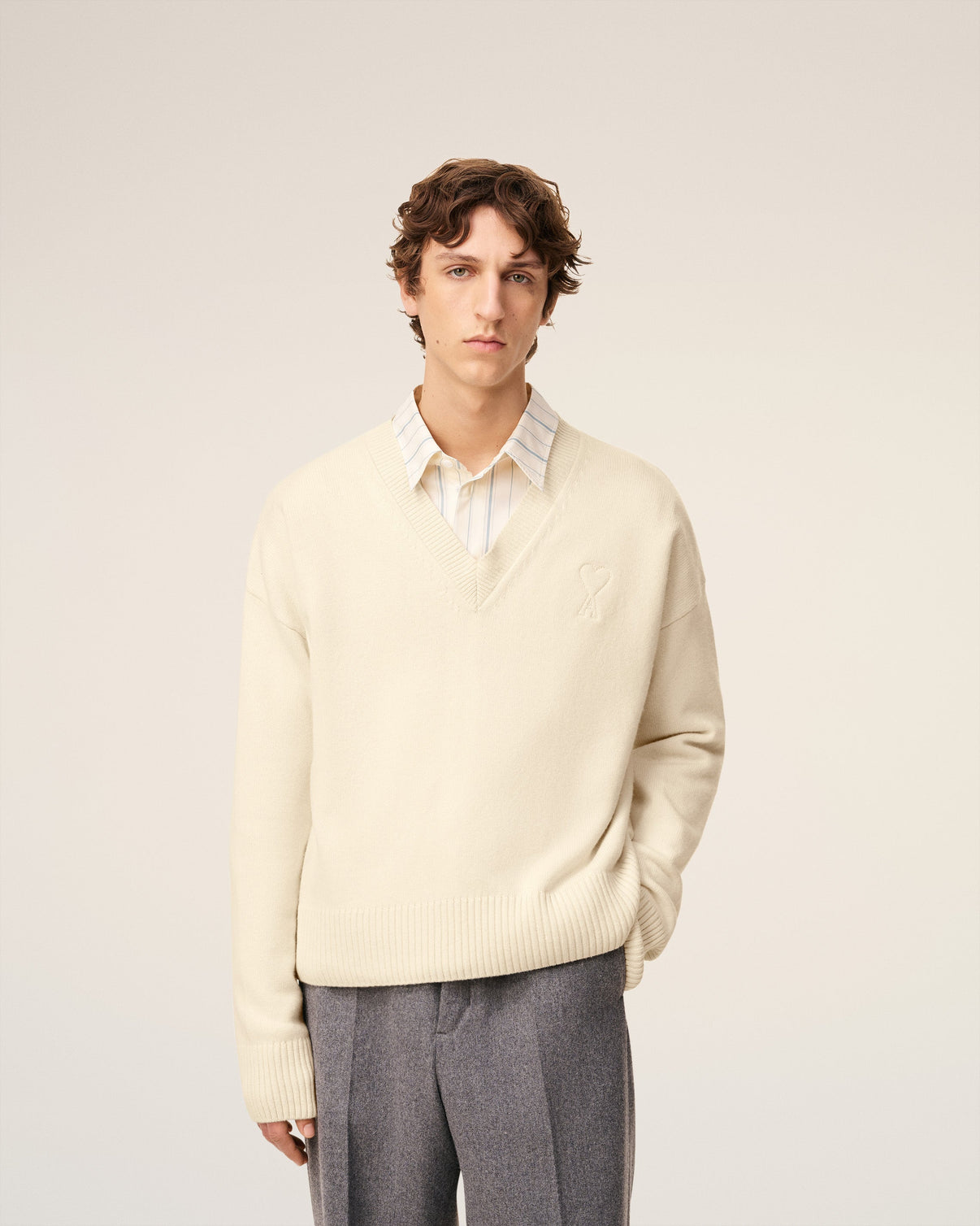 White Wool V Neck Sweater