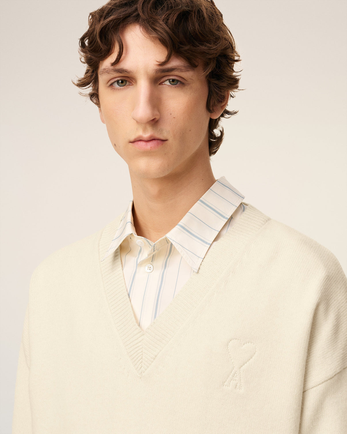 White Wool V Neck Sweater