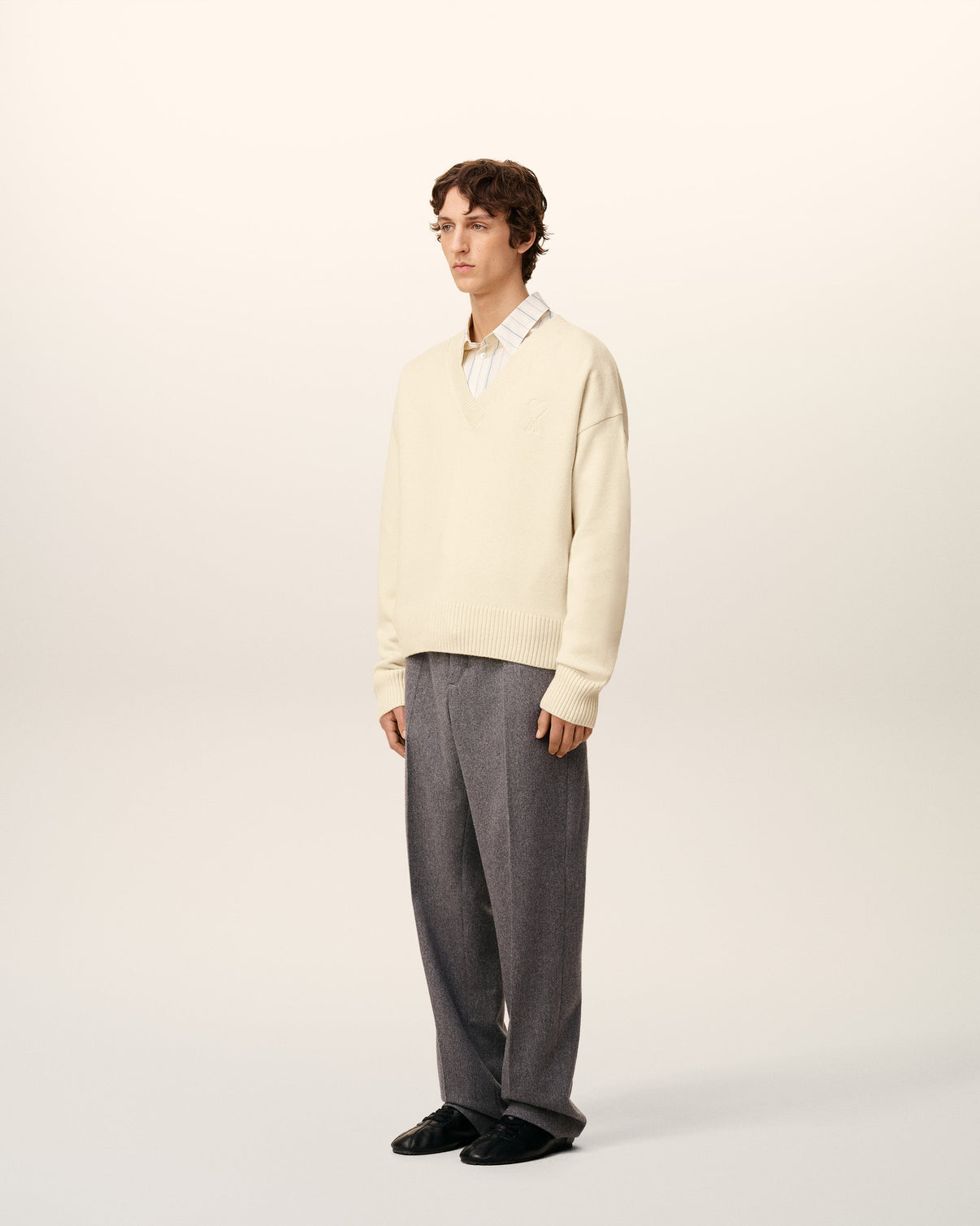 White Wool V Neck Sweater