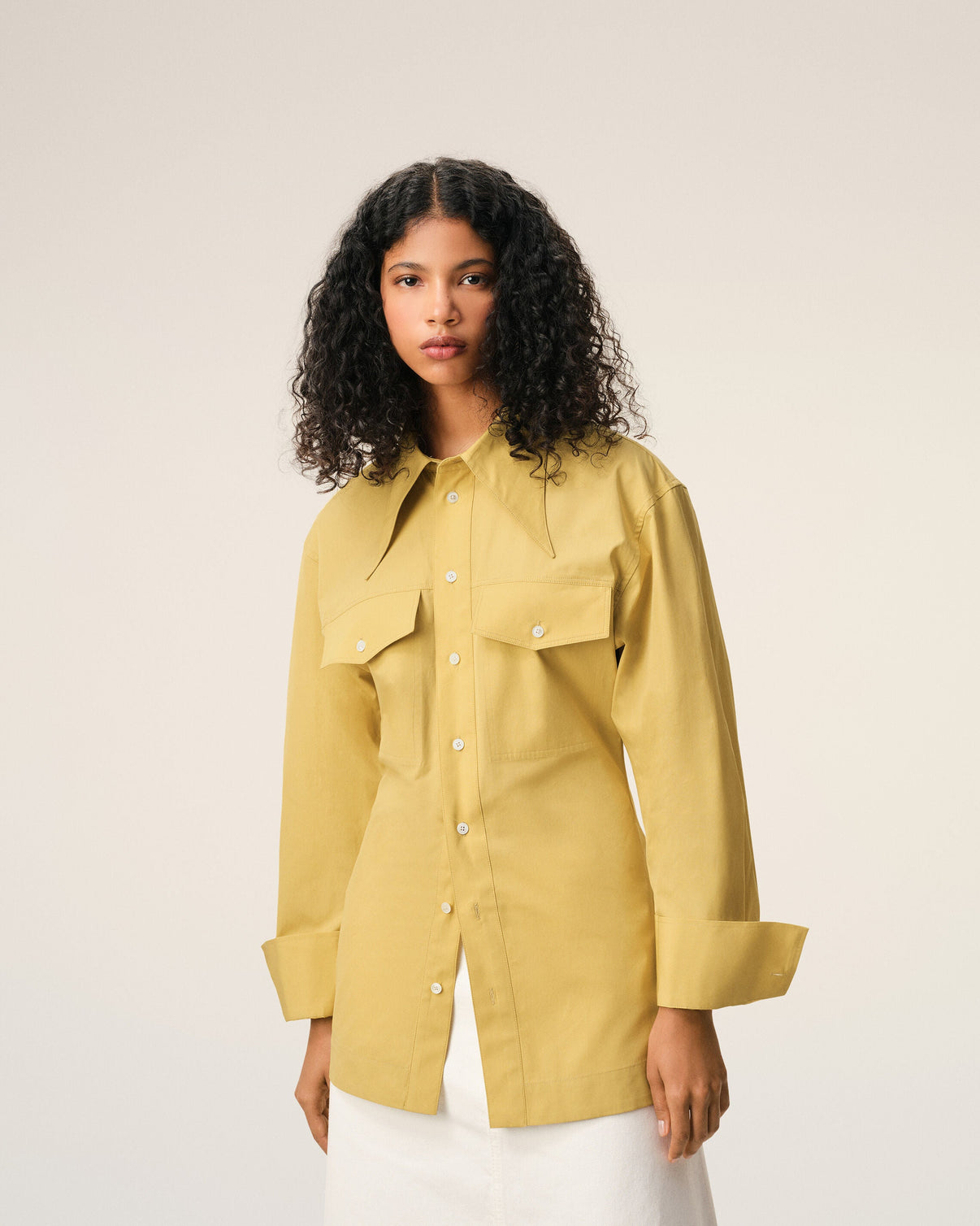 Yellow Cotton Sharp Collar Fitted Shirt