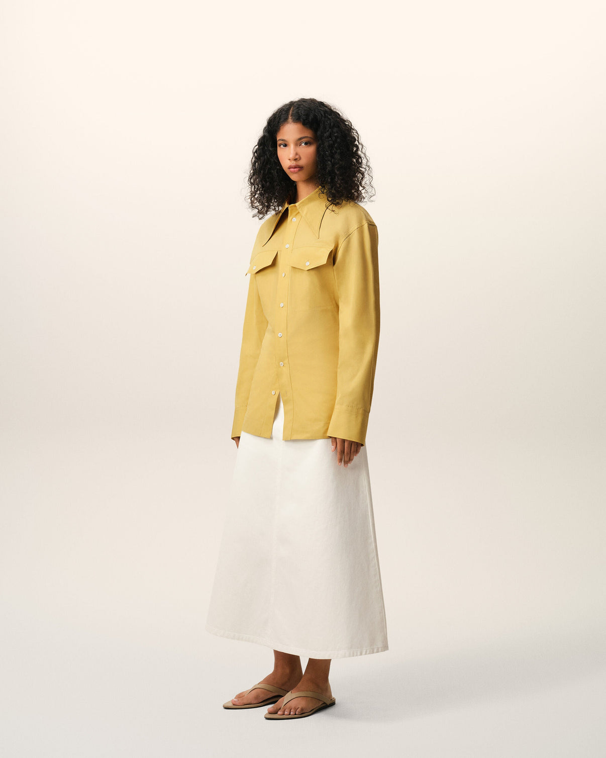 Yellow Cotton Sharp Collar Fitted Shirt