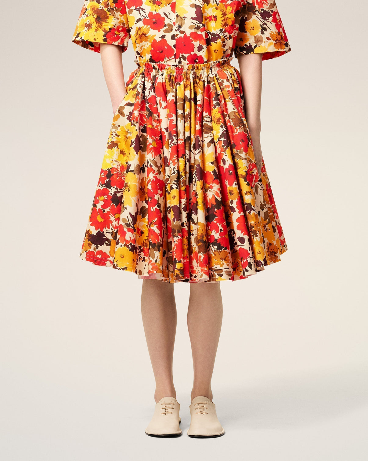 Yellow Floral Cotton Midi Skirt With Godets