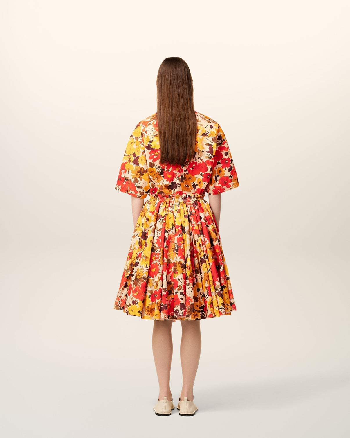 Yellow Floral Cotton Midi Skirt With Godets