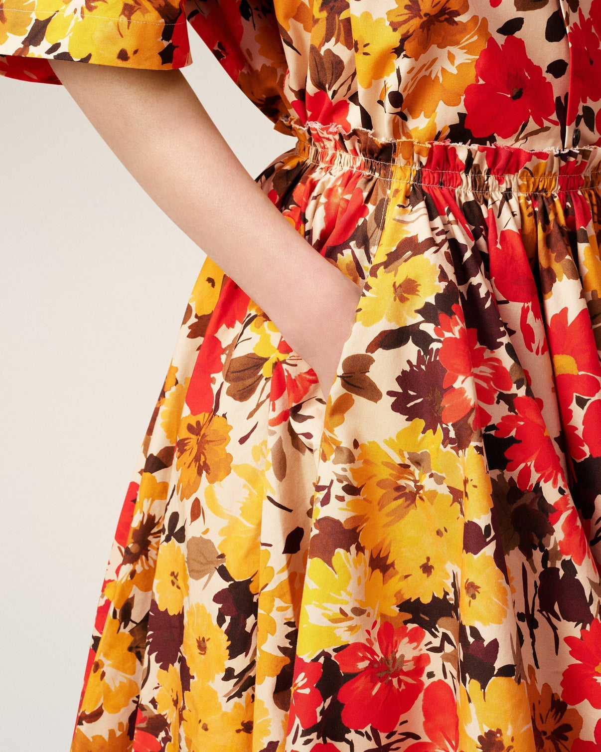 Yellow Floral Cotton Midi Skirt With Godets
