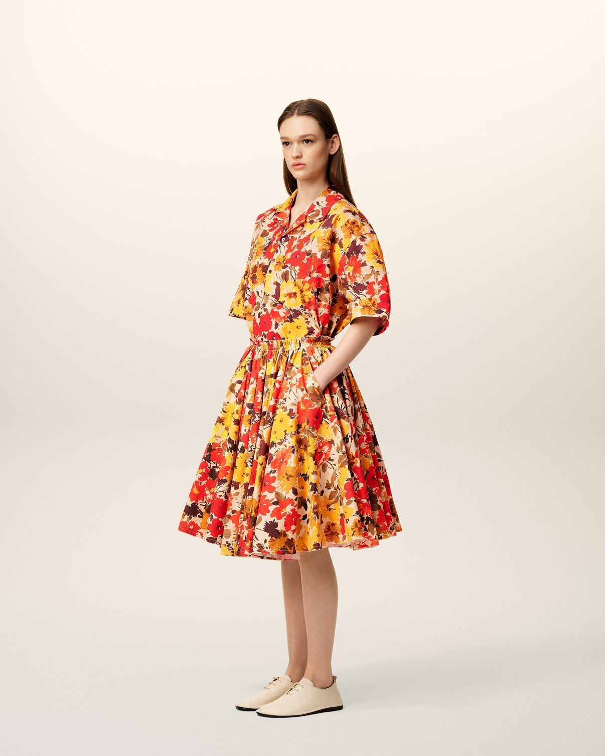 Yellow Floral Cotton Midi Skirt With Godets