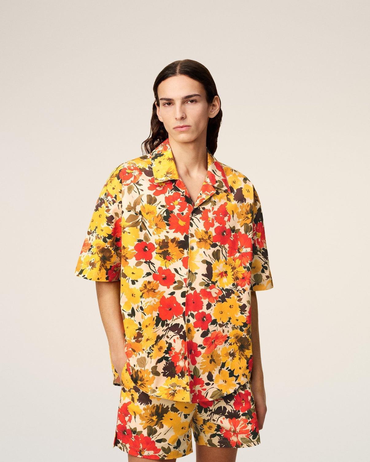 Yellow Floral Cotton Short Sleeves Shirt