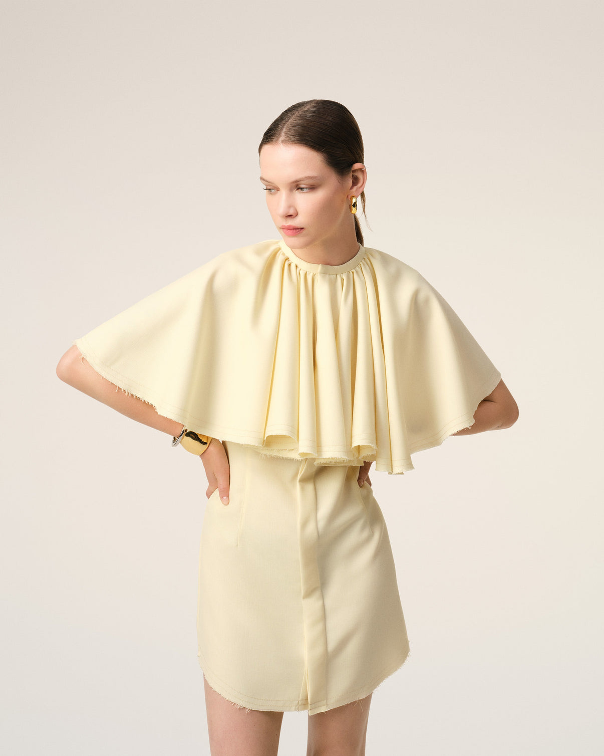 Yellow Wool Shirt Dress With Ruff