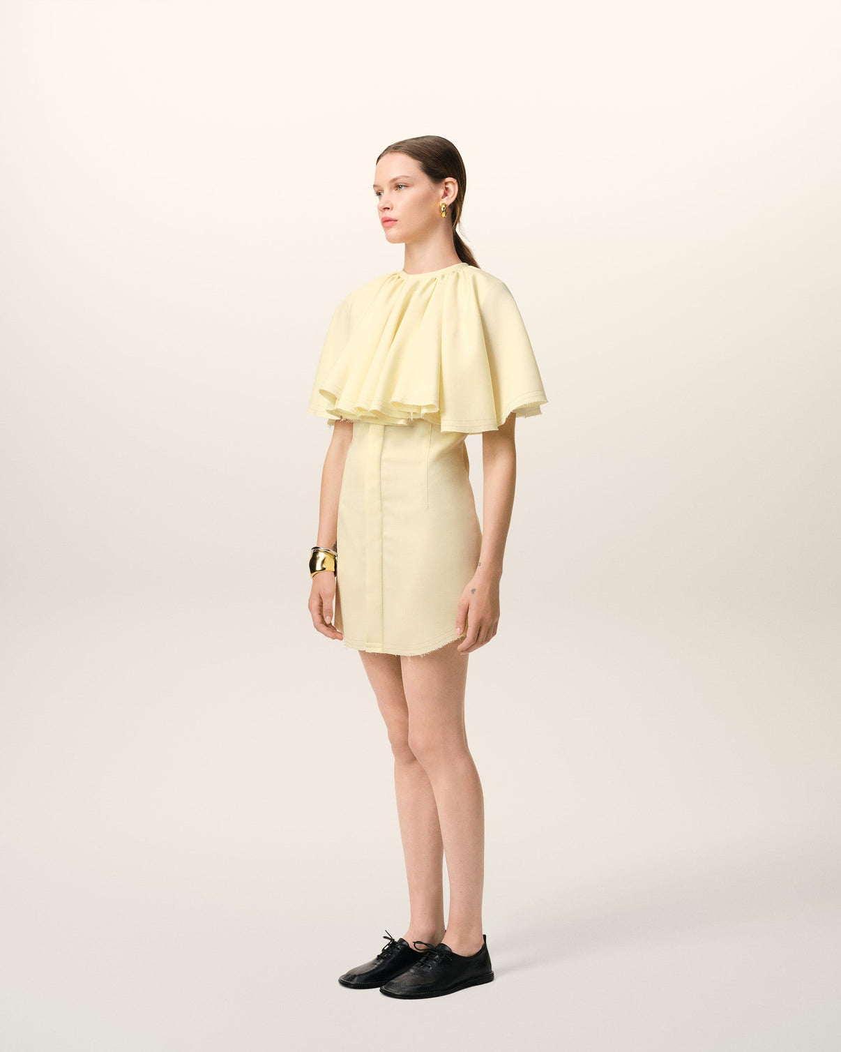 Yellow Wool Shirt Dress With Ruff