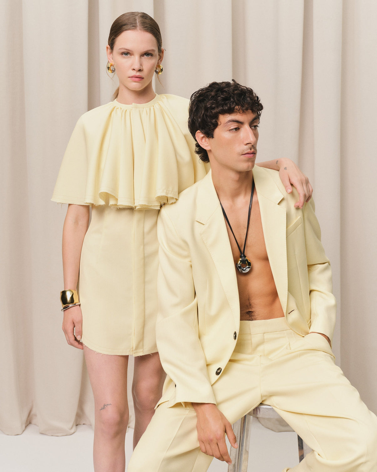 Yellow Wool Shirt Dress With Ruff
